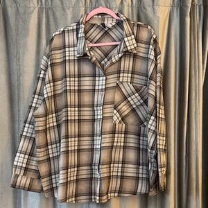Plaid Button Down Shirt - Brown and White